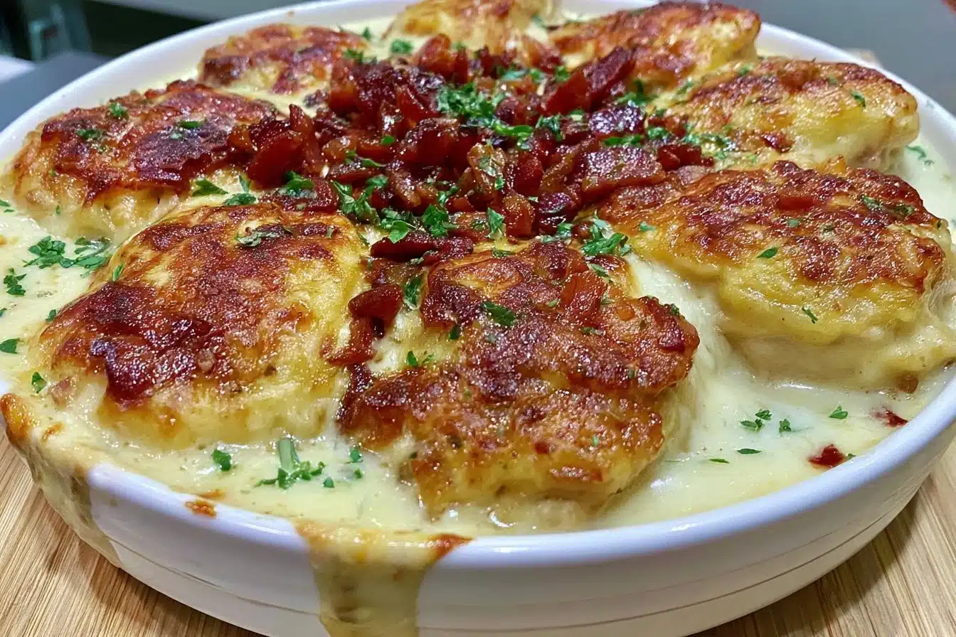 Creamy baked chicken dish served on a plate with herbs and spices