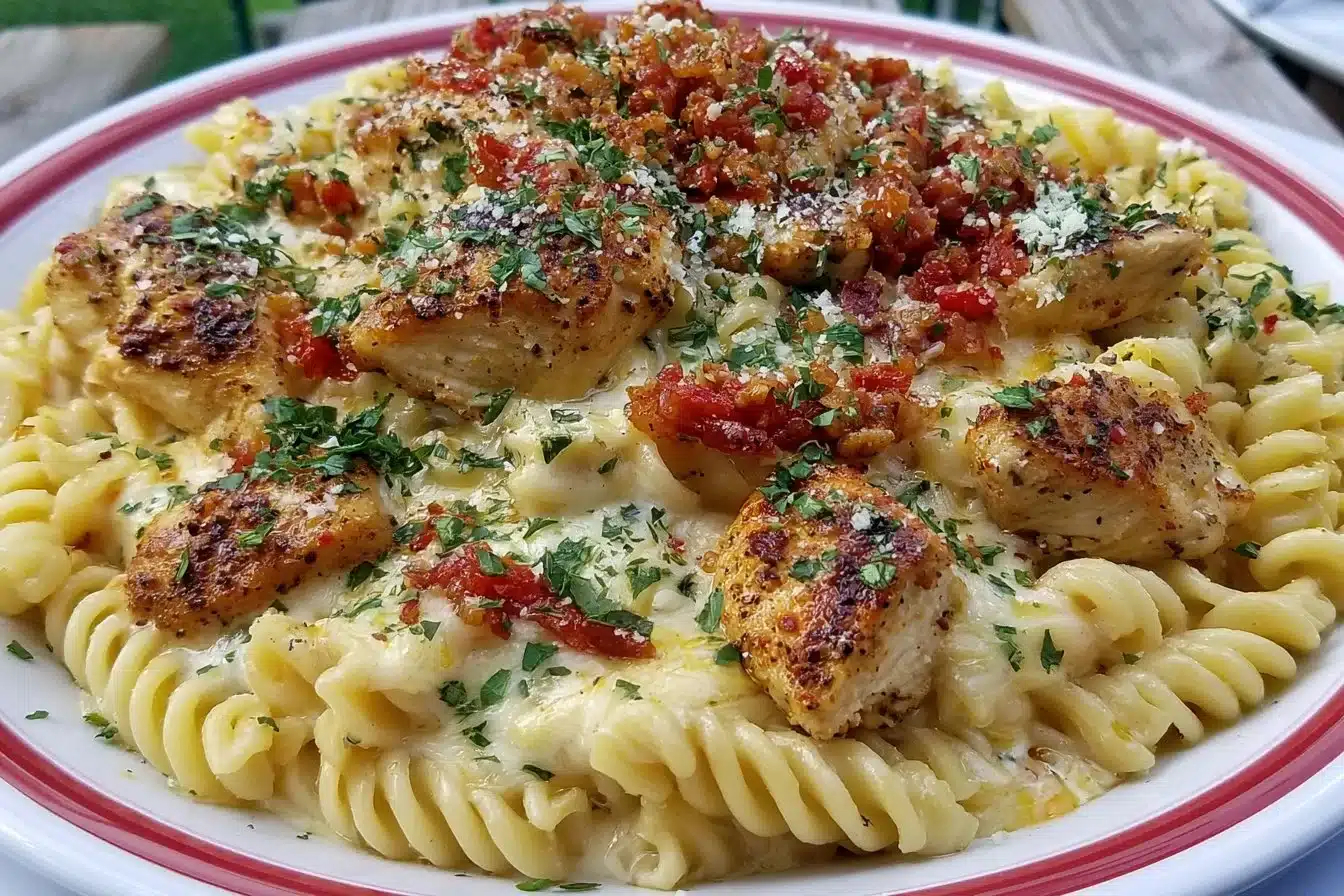 Delicious creamy Cajun chicken pasta garnished with herbs and served in a bowl