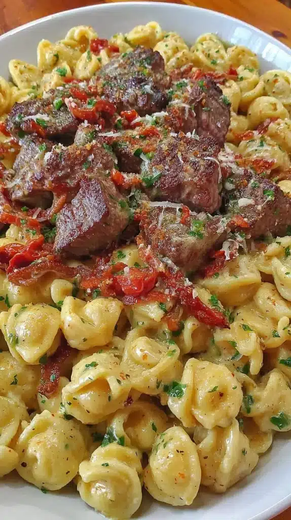 Creamy Garlic Butter Steak Bites served with Spicy Cajun Alfredo Twisted Pasta