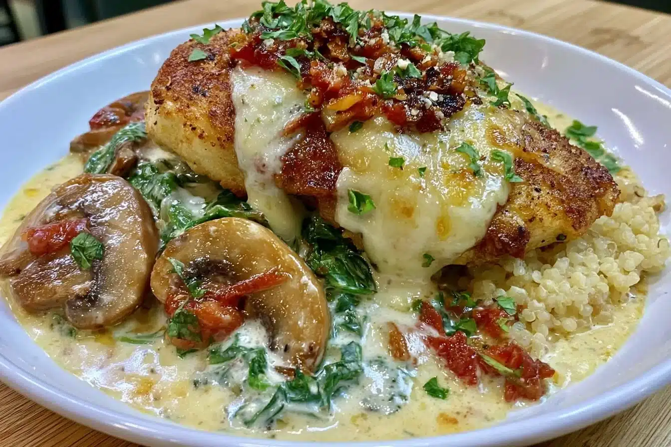 Creamy Parmesan Keto Chicken with Spinach and Mushrooms dish
