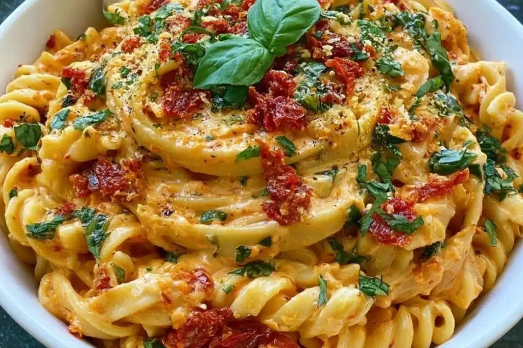 Creamy vegan sun-dried tomato pasta in a bowl, ready to enjoy.