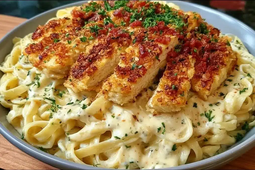 Delicious Crispy Chicken Fettuccine Alfredo served with a creamy sauce