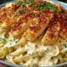 Delicious Crispy Chicken Fettuccine Alfredo served with a creamy sauce