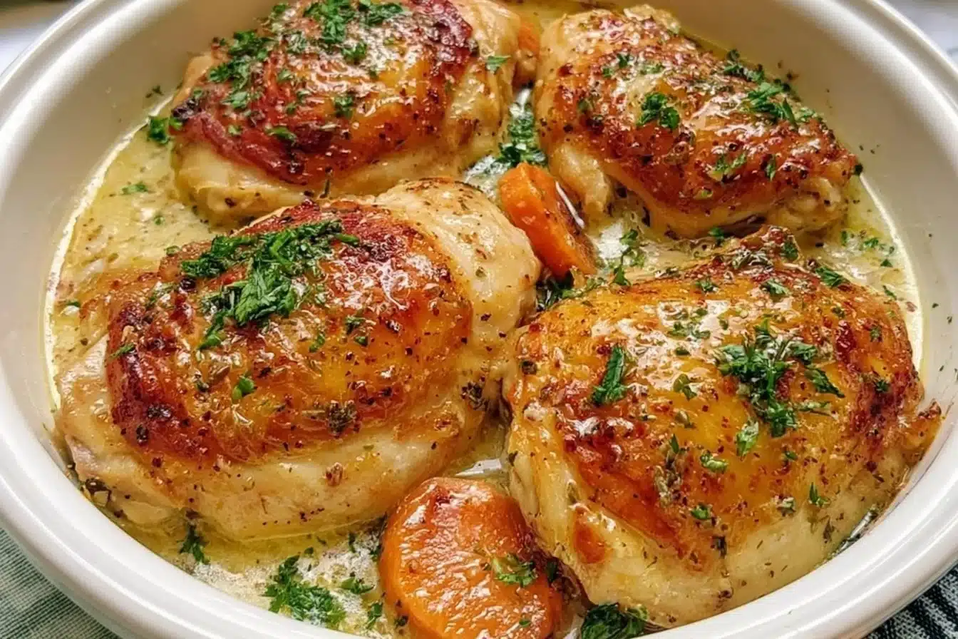 Crockpot Garlic Butter Chicken garnished with herbs in a bowl