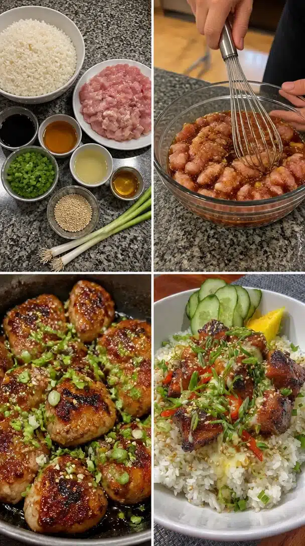 Delicious sticky chicken rice bowls topped with herbs and spices