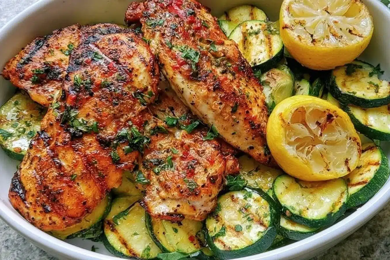 Easy Asado Chicken dish served with lemon zucchini sauté