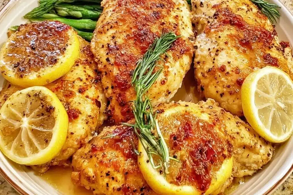 Delicious easy lemon pepper chicken served with fresh vegetables.