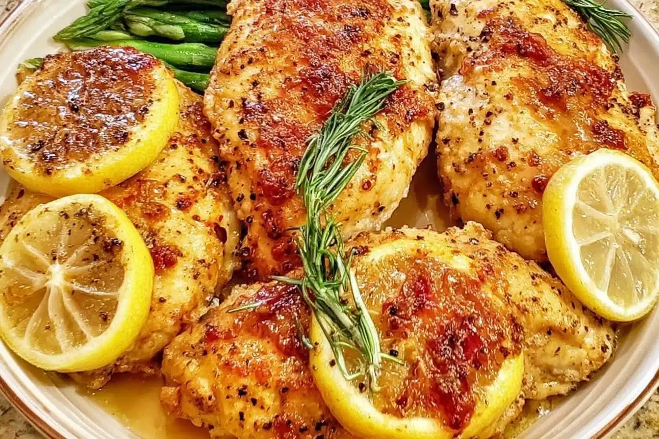 Delicious easy lemon pepper chicken served with fresh vegetables.