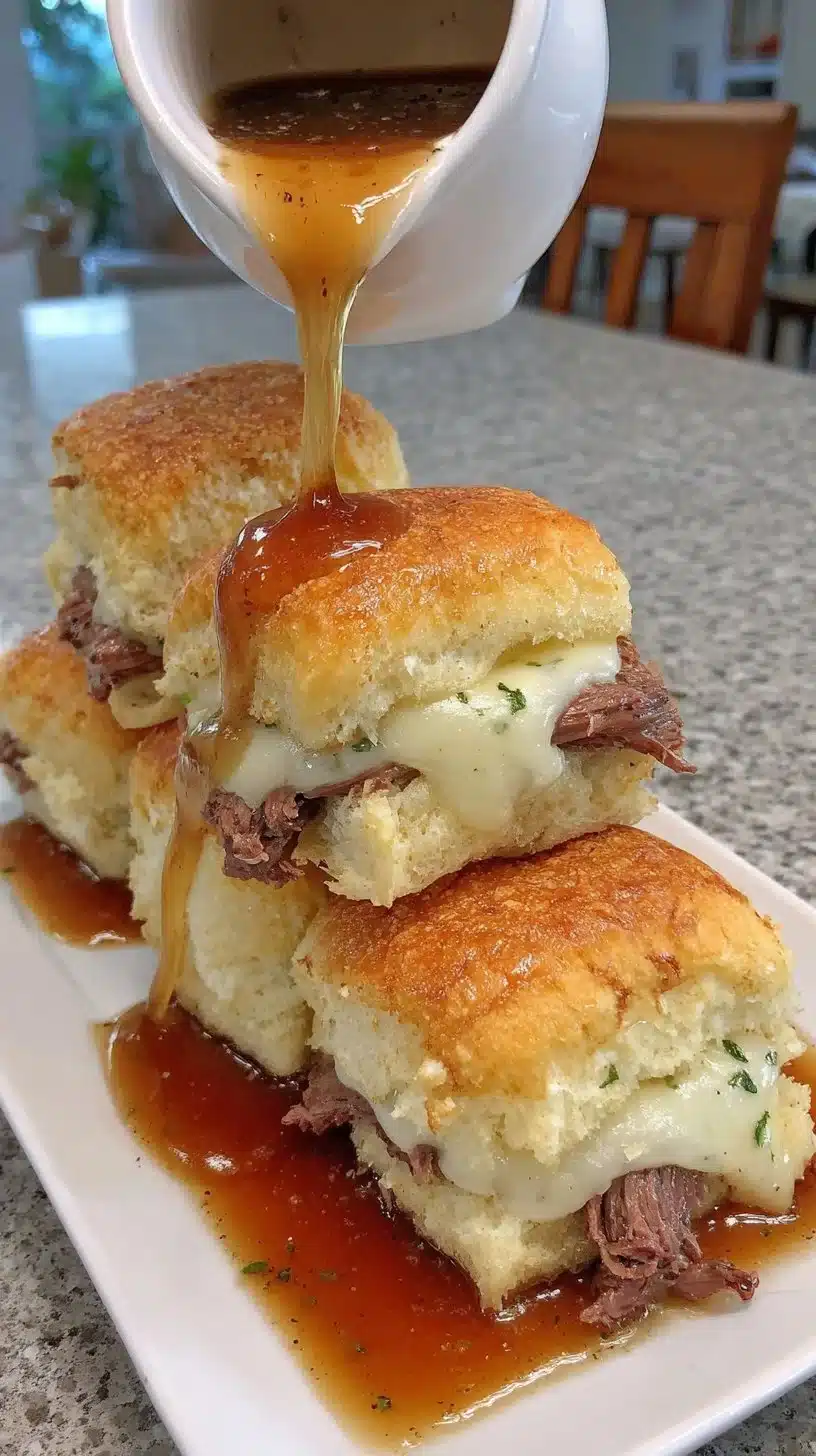 Homemade French Dip Sliders served with savory au jus for dipping.