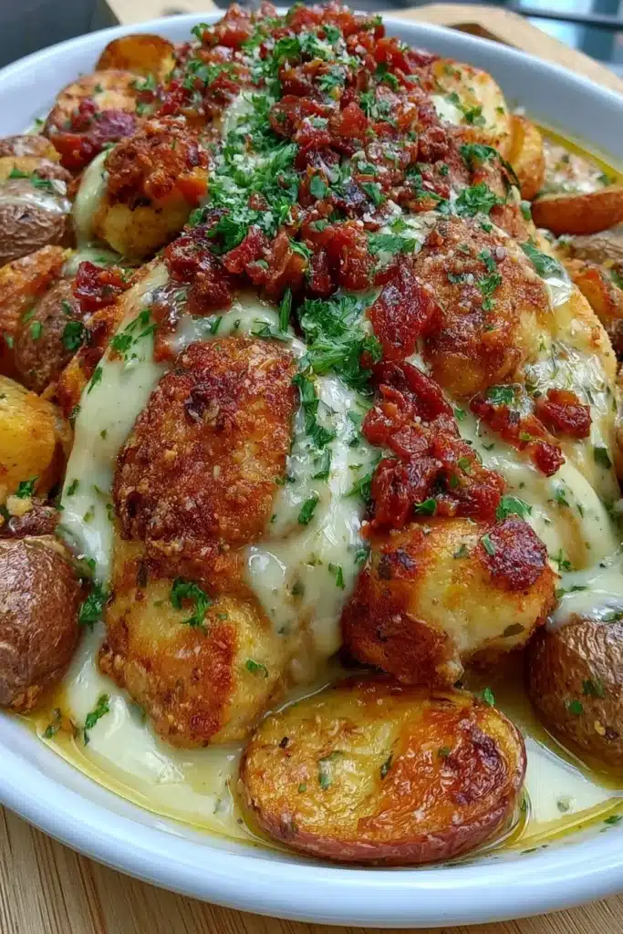 Delicious Garlic Parmesan Chicken with crispy potatoes, a perfect dinner meal.