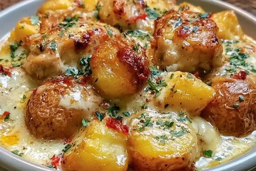 Crockpot Garlic Parmesan Chicken with potatoes, flavorful and easy recipe