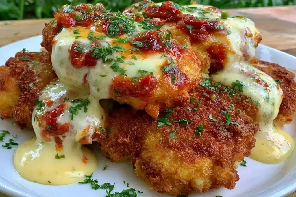 Crispy gluten-free chicken fritters served on a plate with dipping sauce