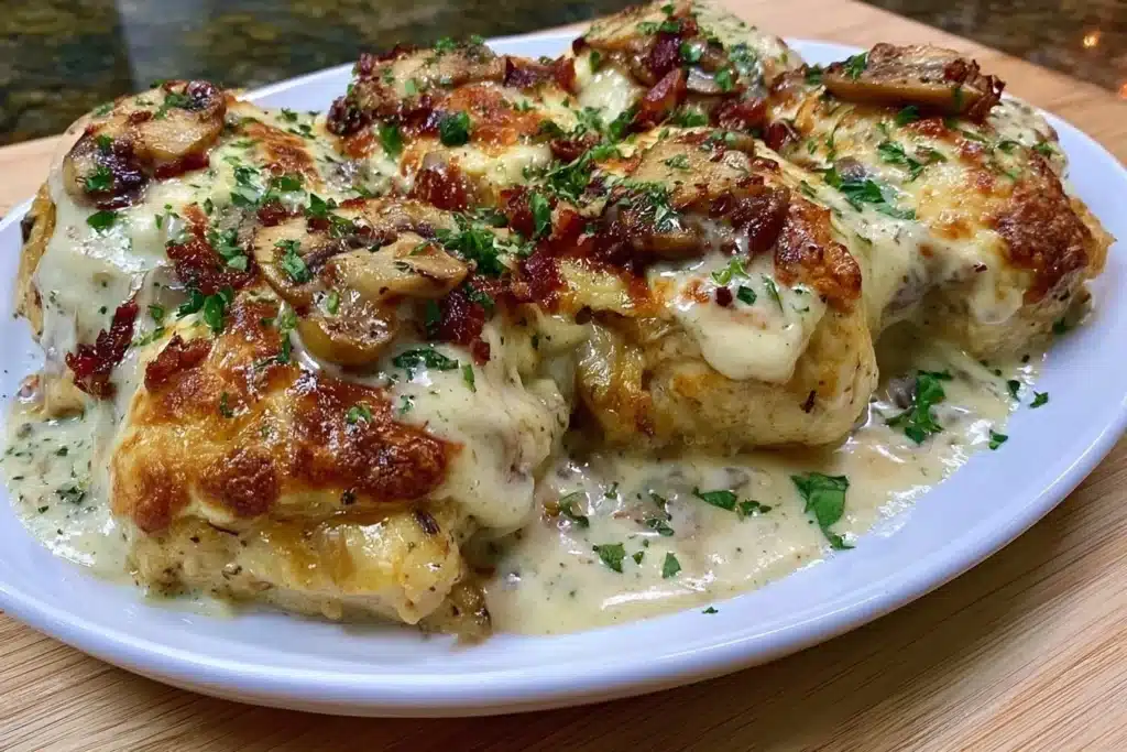 High protein keto garlic mushroom chicken casserole prepared in a baking dish