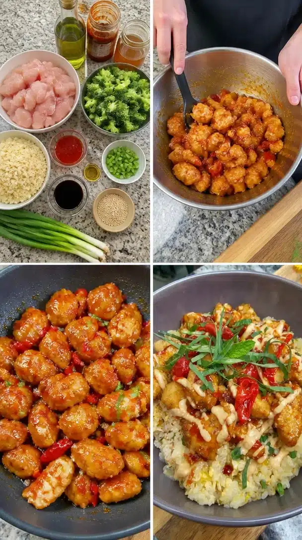 Honey Sriracha Chicken Meal Prep Bowl with colorful vegetables and rice