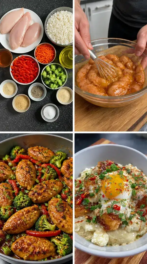 Hot Honey Chicken Bowl with tender chicken, rice, and vegetables drizzled with spicy honey.
