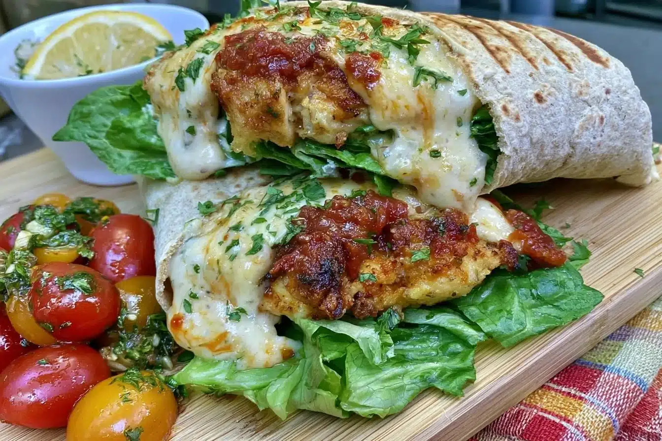 Keto Cheesy Garlic Chicken Wraps served on a plate with fresh herbs