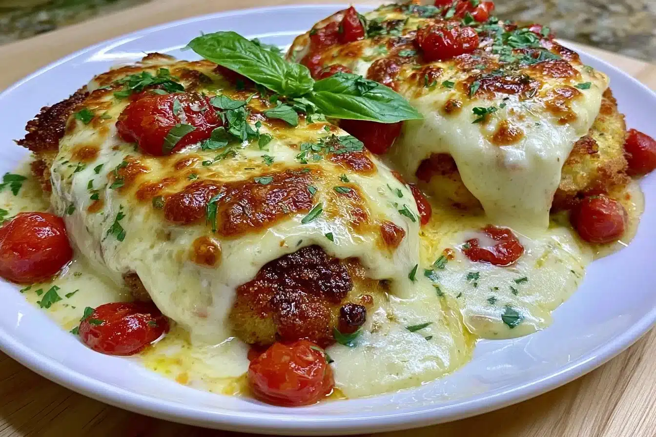 Keto Chicken Parmesan served with fresh basil and cheese on a white plate