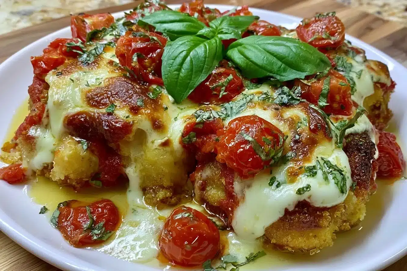 Keto Chicken Parmesan Casserole served in a dish, garnished with fresh herbs.
