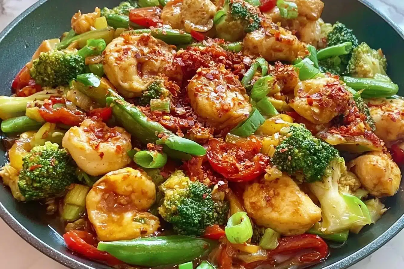 Colorful keto stir fry with fresh vegetables and protein, low-carb recipe