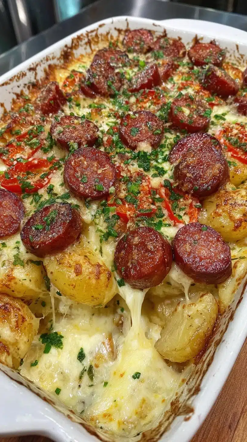 Kielbasa sausage cheesy potato casserole served in a baking dish