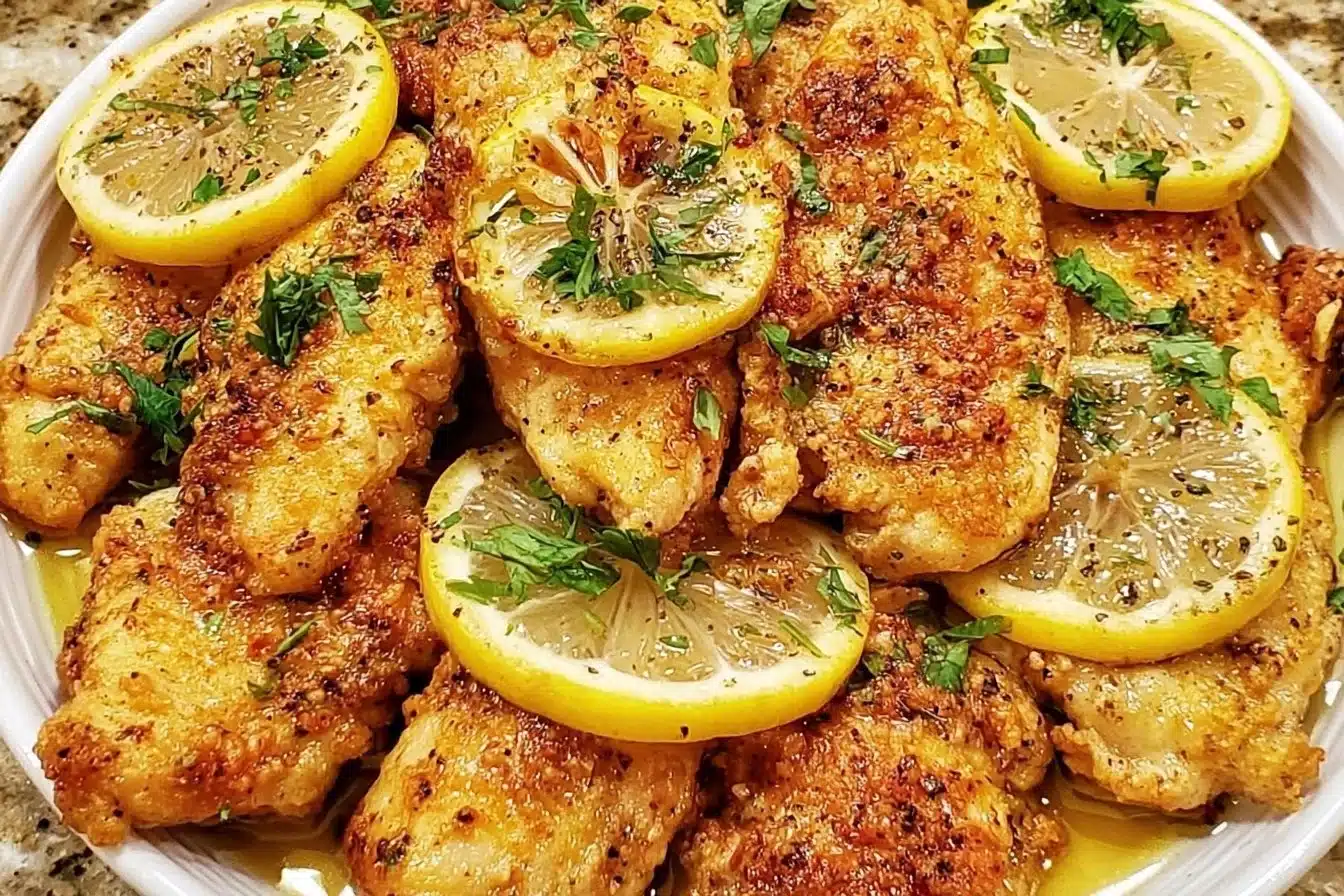 Lemon pepper chicken dinner served on a plate with fresh herbs
