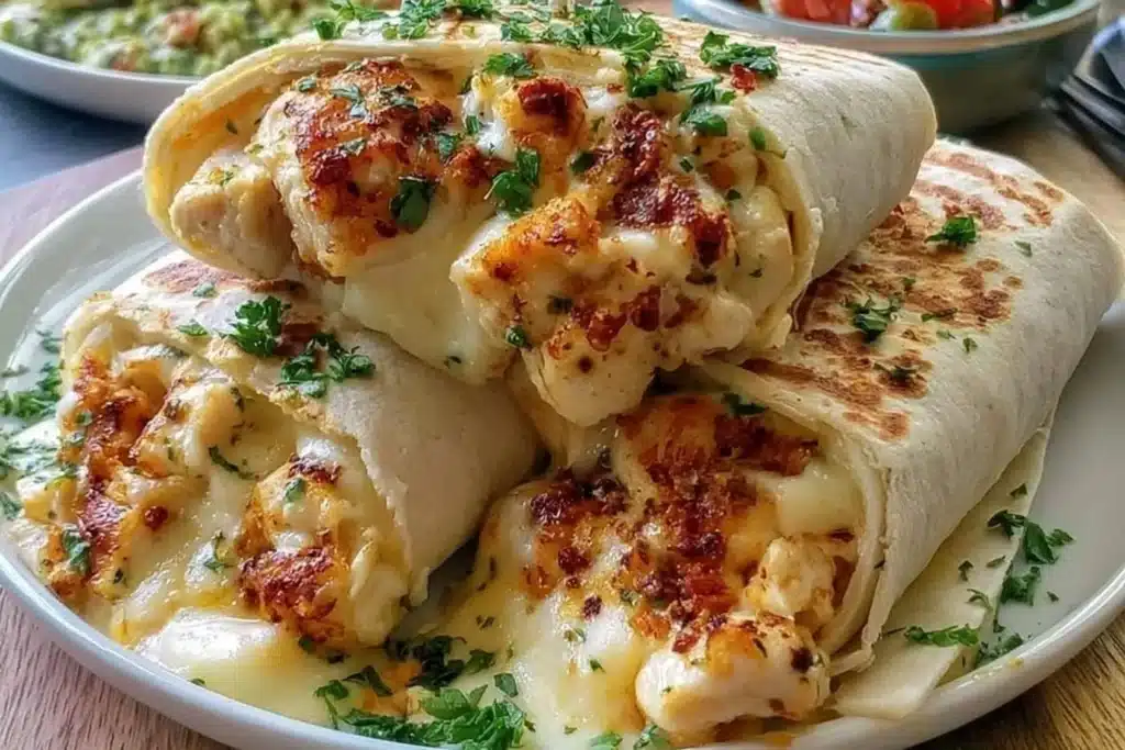 Low carb cheesy garlic chicken wraps on a plate garnished with herbs