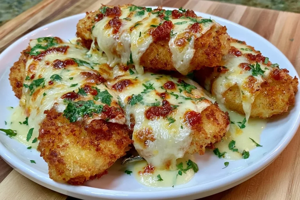 Crispy low carb parmesan chicken tenders served on a plate