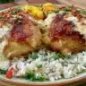 One-Pan Bold Honey BBQ Chicken Rice dish served with colorful vegetables.