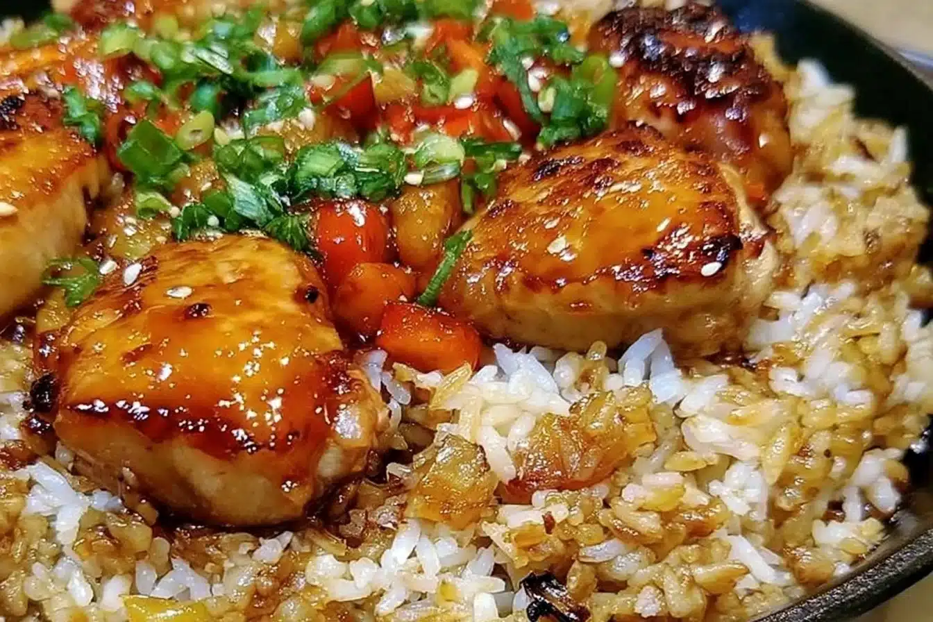 One-Pan Honey BBQ Chicken Rice served on a rustic wooden table
