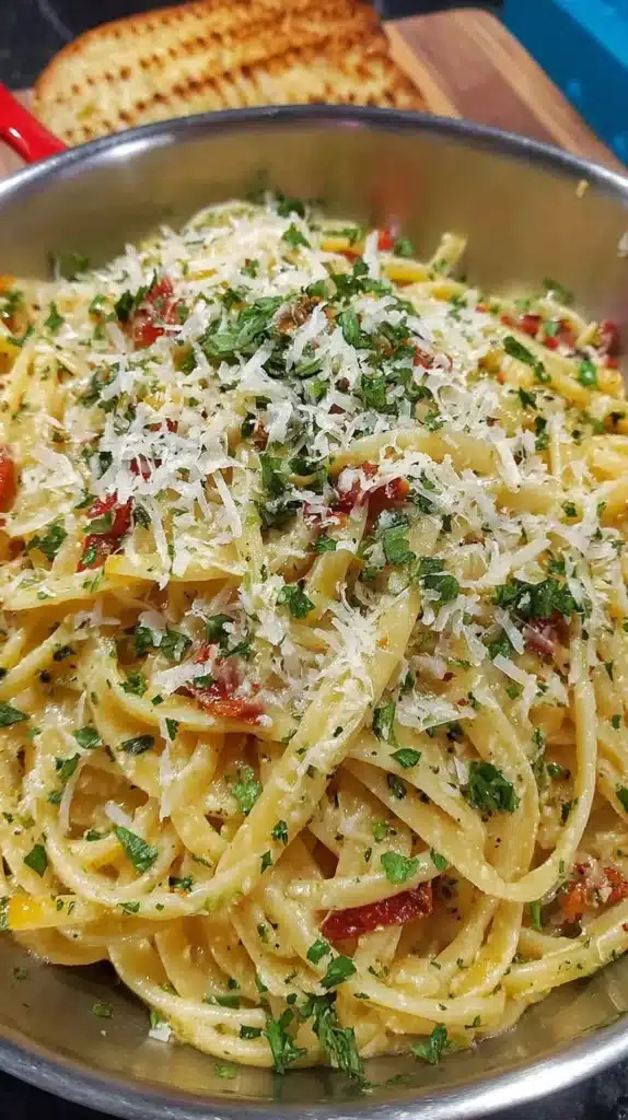 One pot creamy garlic pasta served in a dish with herbs and parmesan