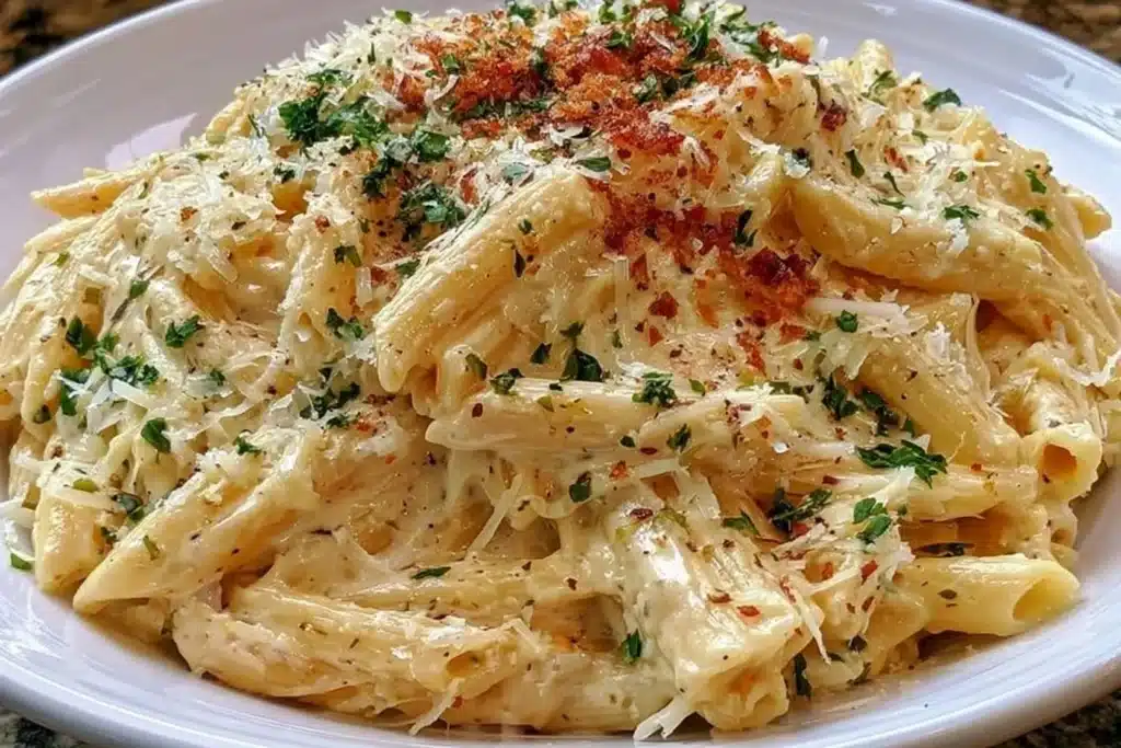 Bowl of one pot creamy garlic pasta garnished with parsley and parmesan cheese