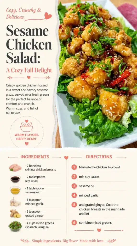 A vibrant plate of sesame chicken salad topped with greens and sesame seeds.