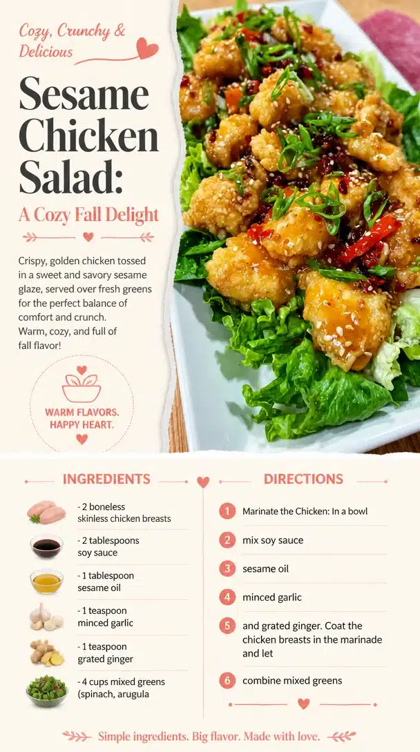 A vibrant plate of sesame chicken salad topped with greens and sesame seeds.