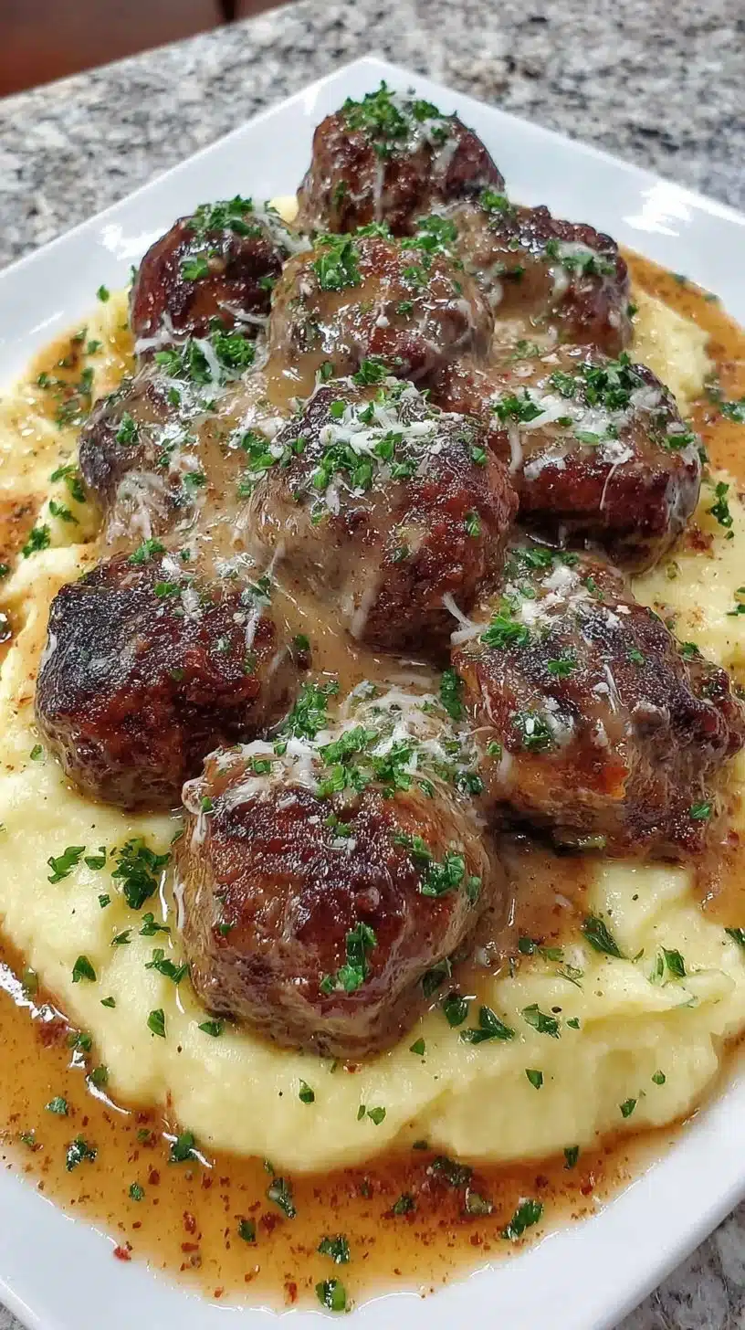 Slow cooker Salisbury steak meatballs served with rich gravy and mashed potatoes