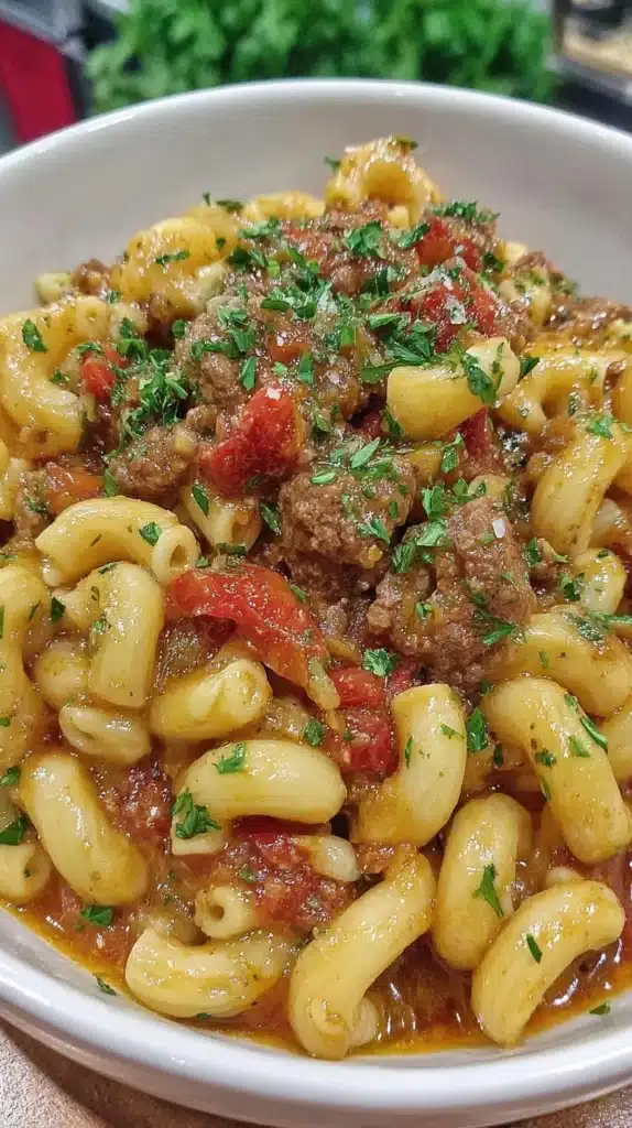 Bowl of Southern Style Goulash with pasta, meat, and vegetables