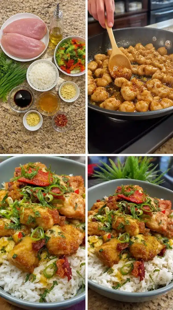 Delicious Spicy Honey-Ginger Chicken Bowls garnished with green onions and sesame seeds