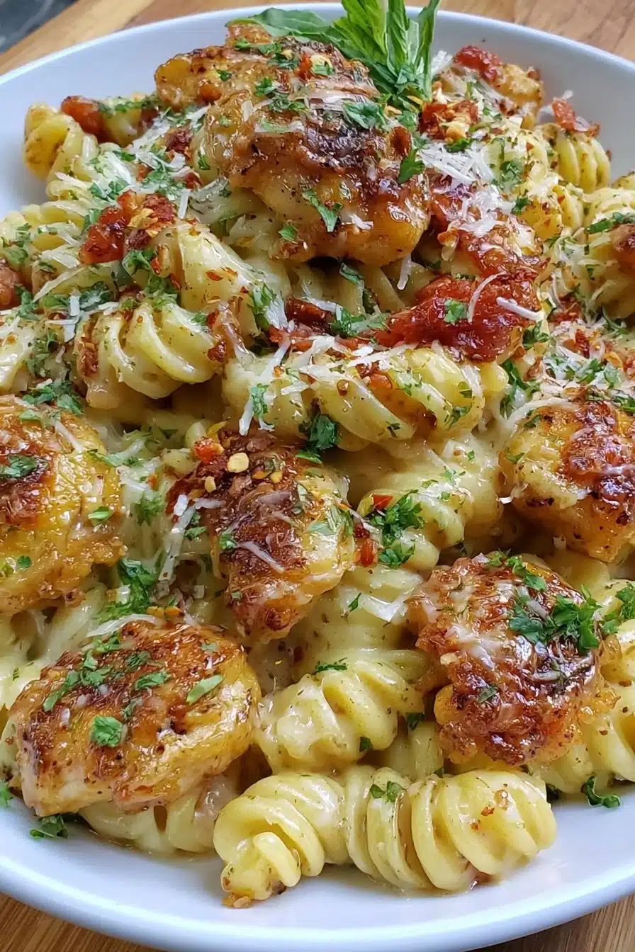 Sticky Smoky Garlic Butter Chicken Pasta with fresh herbs and spices
