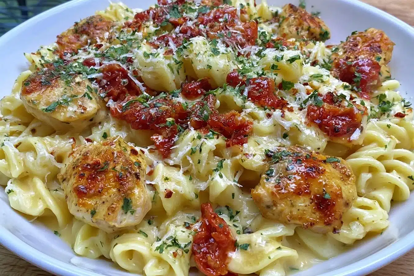 Delicious sticky smoky garlic butter chicken pasta served in a bowl