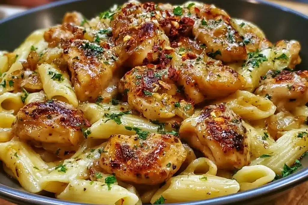 Plate of Sticky Smoky Garlic Butter Chicken Pasta garnished with herbs
