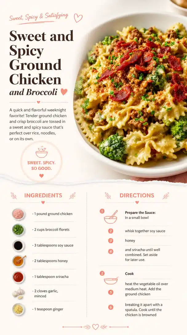 Plate of sweet and spicy ground chicken and broccoli stir-fry
