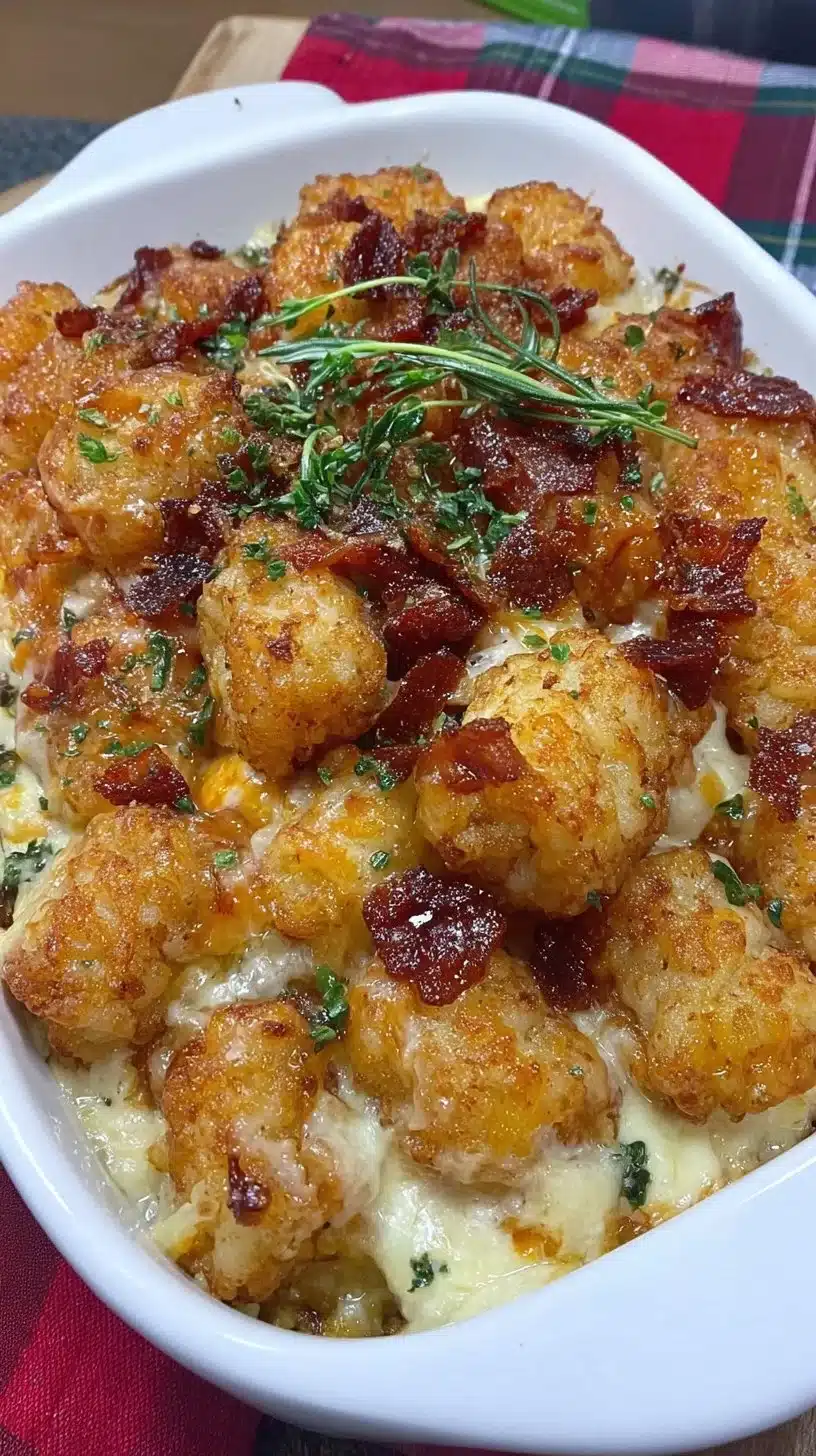 Delicious Tater Tot Casserole served in a baking dish