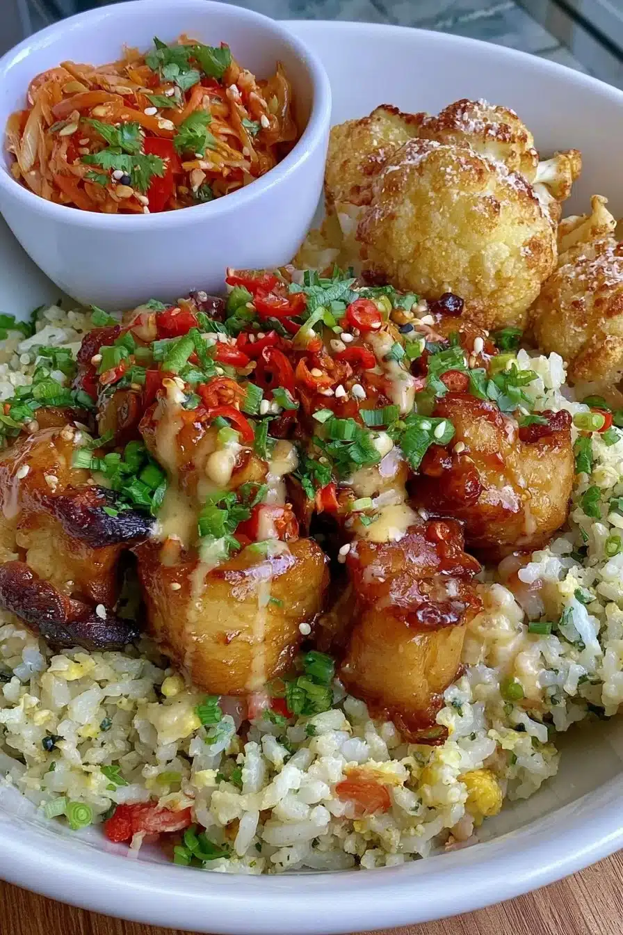 Delicious teriyaki chicken rice bowl with vegetables and sesame seeds