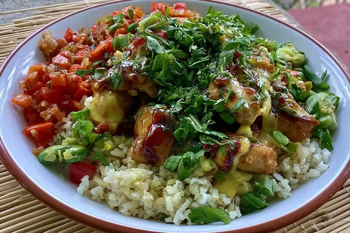Delicious teriyaki chicken rice bowl with vegetables and savory sauce