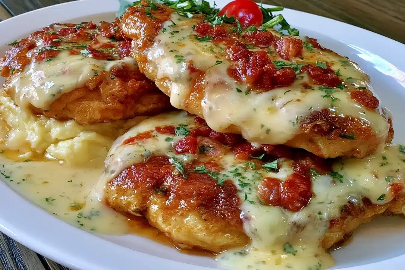 Delicious Texas Roadhouse Smothered Chicken topped with savory sauce