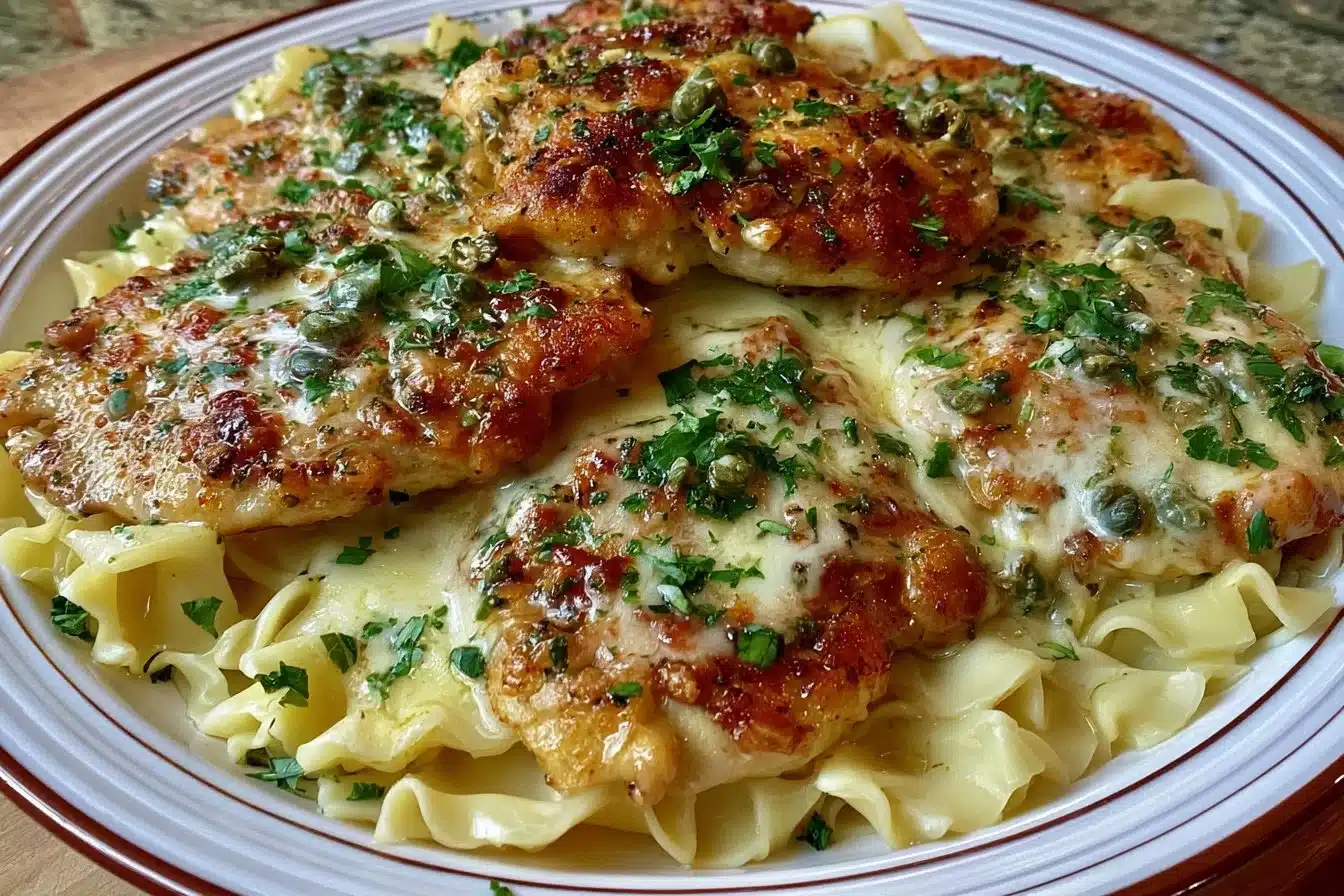Plate of delicious chicken piccata with lemon sauce and capers