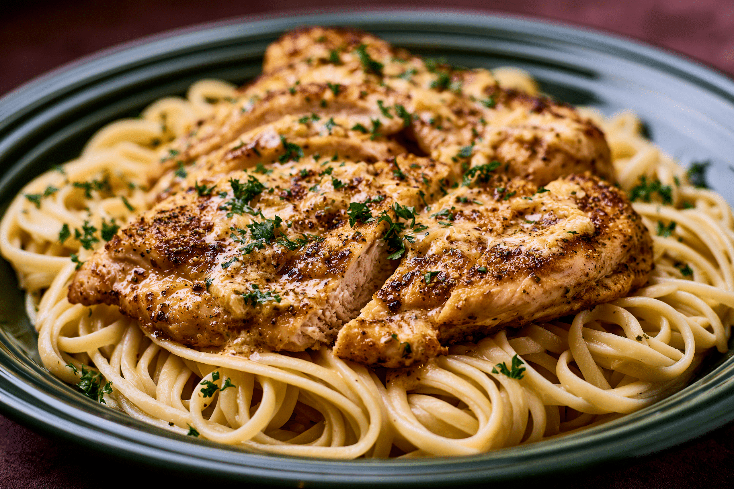 A beautifully plated chicken and pasta dish, perhaps chicken alfredo or chicken piccata, looking delicious and comforting. The pasta should be perfectly cooked and the chicken golden brown.