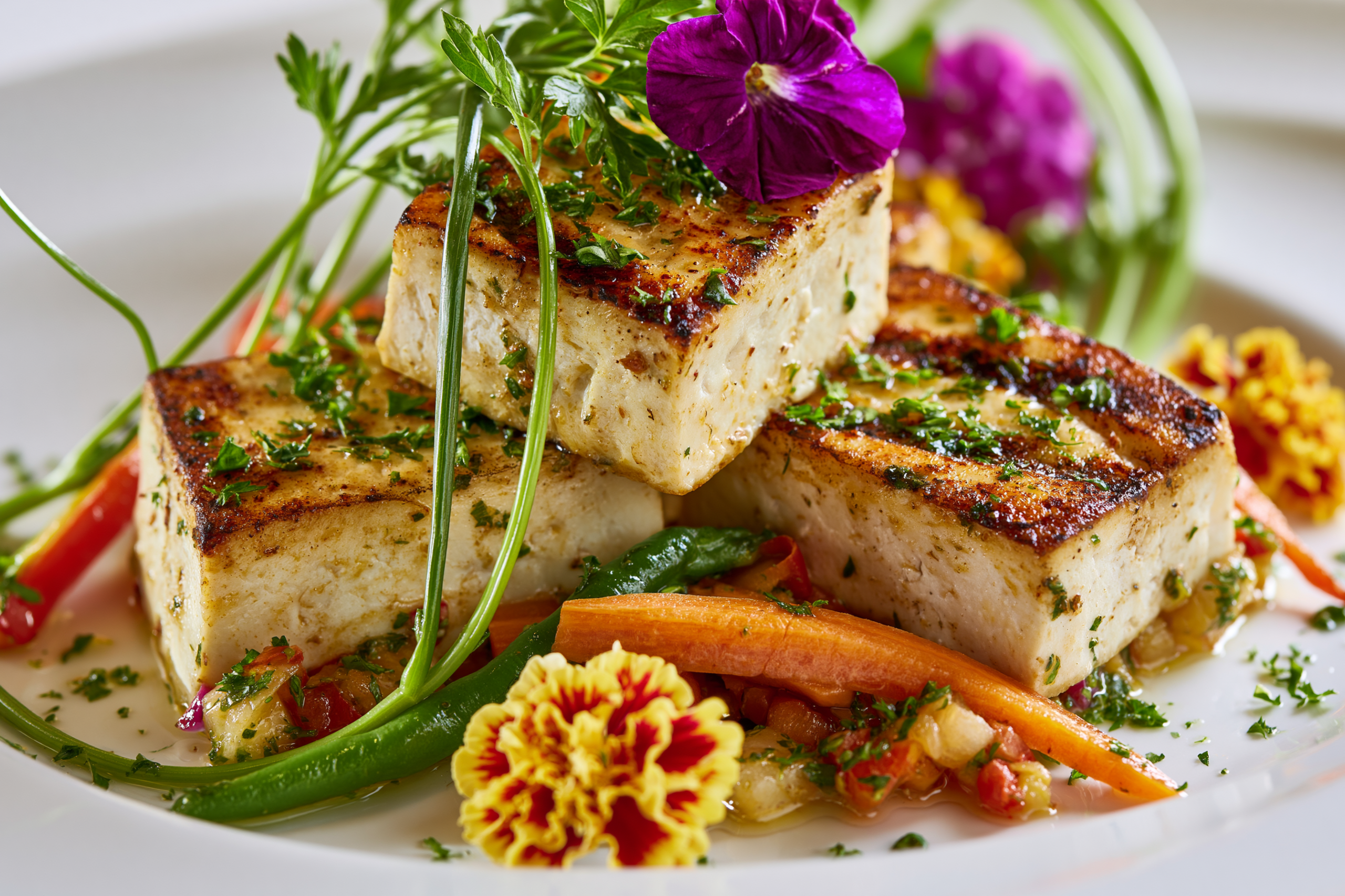 A beautifully plated dish featuring marinated and pan-fried firm white blocks, garnished with fresh herbs and colorful vegetables, showcasing a delicious vegan meal.
