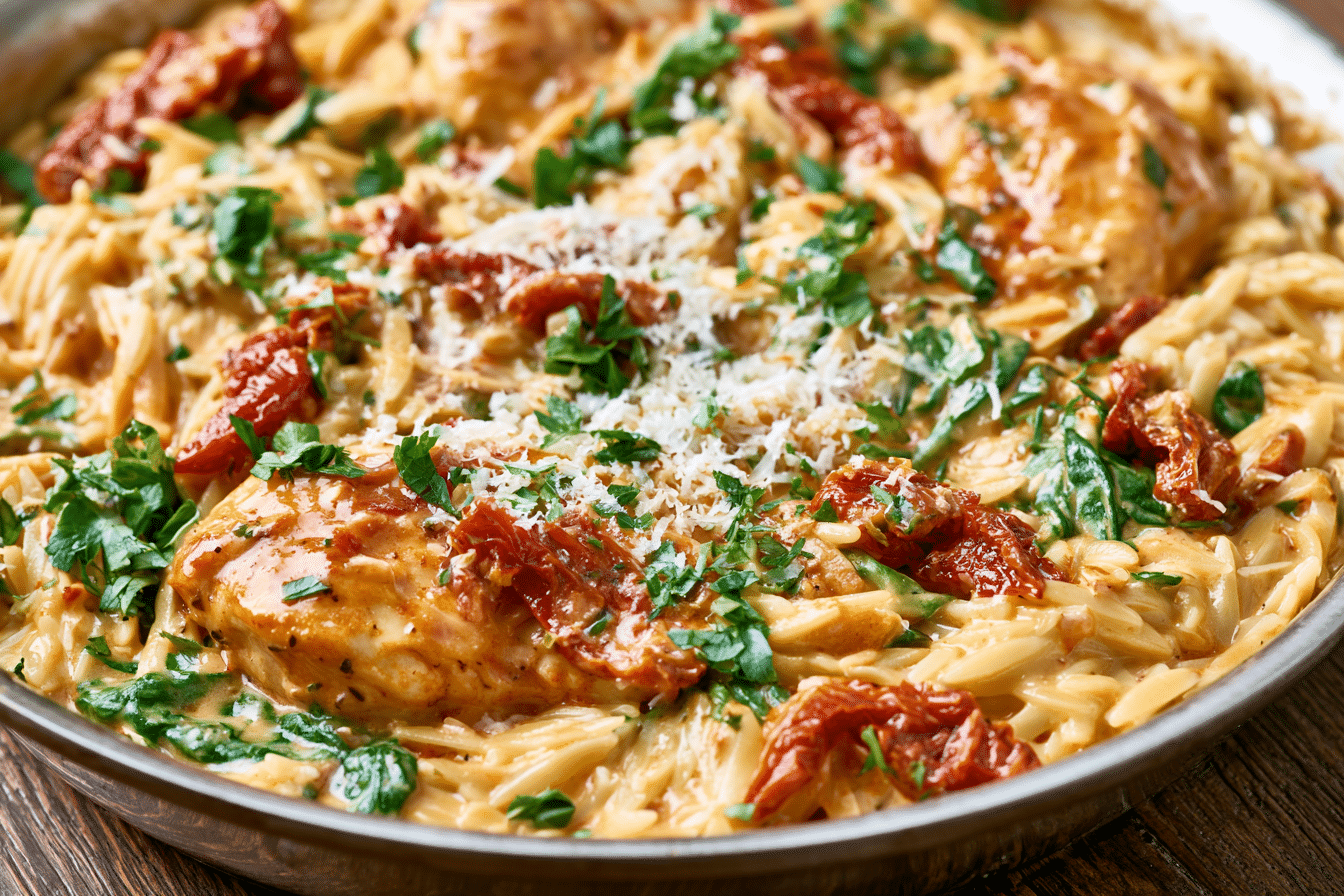 A beautifully plated dish of One-Pan Marry Me Chicken Orzo, showing tender chicken, creamy orzo, sun-dried tomatoes, and wilted spinach, garnished with fresh parsley and grated parmesan cheese. The dish is in a rustic skillet on a wooden table.