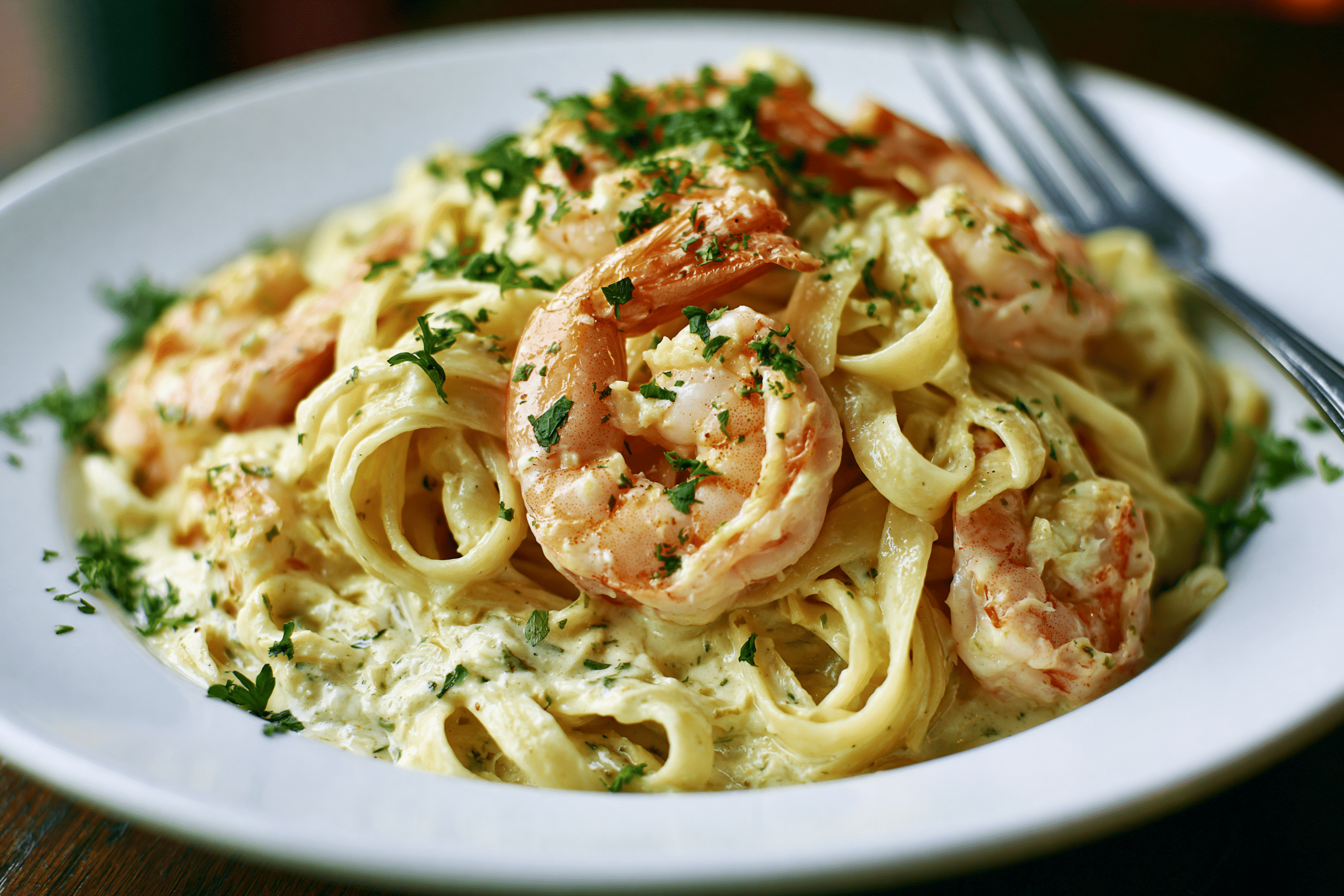 A beautifully plated single serving of creamy pasta with shrimp, garnished with fresh herbs, suggesting an indulgent but simple dinner.