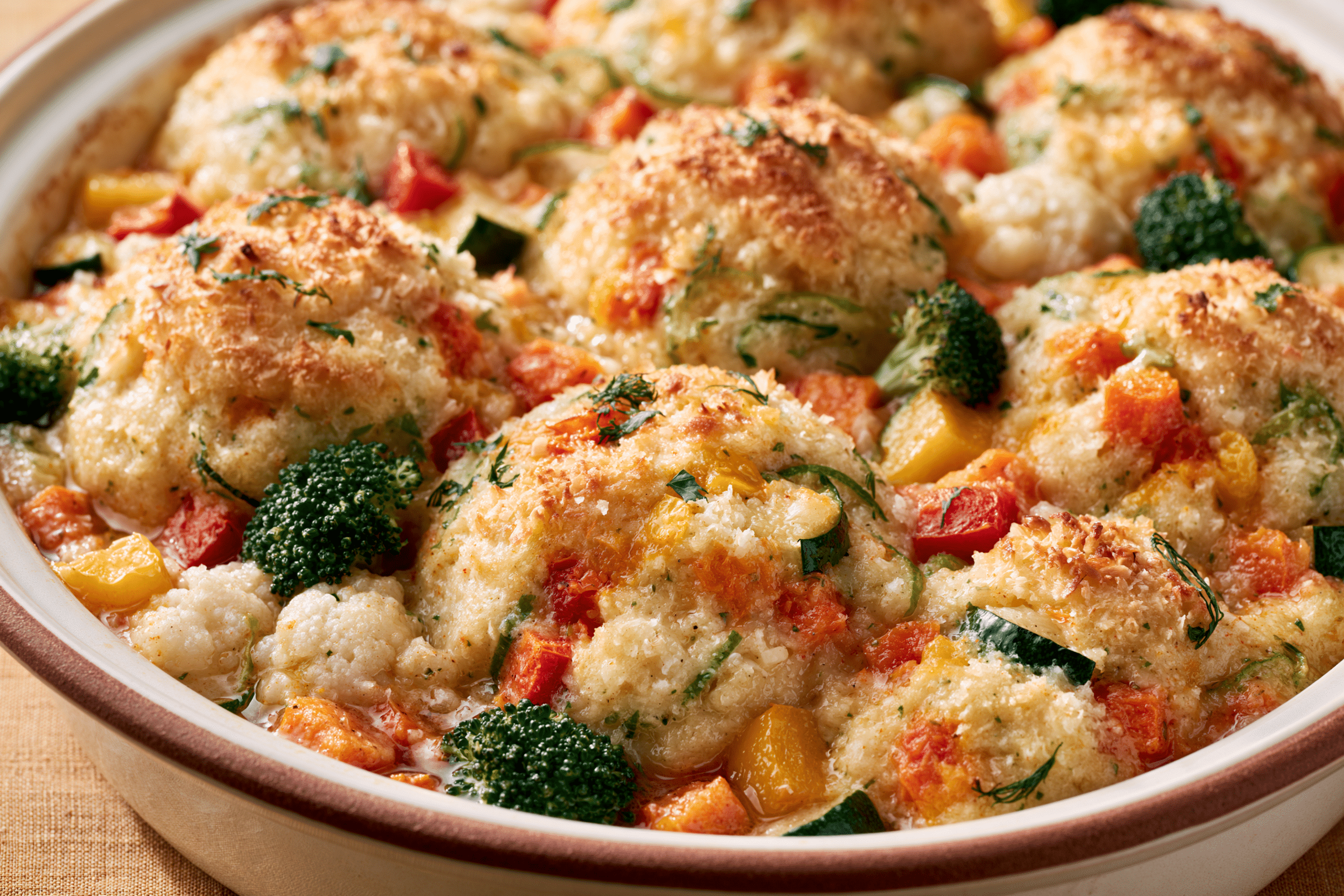 A close-up of a Coconut-Lime Dumpling Bake with a gluten-free label, showing vibrant vegetables incorporated, in a casserole dish.